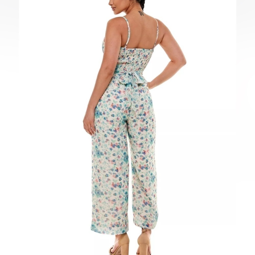 Bebe Jumpsuit Tie Wrap Waist Wide Leg Floral Glitchy Cottagecore Femine Size M - Picture 2 of 16